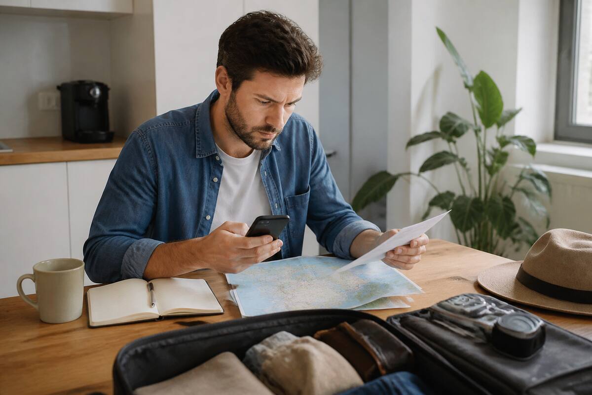 Iemand die vakantieaanbiedingen vergelijkt met smartphone en notities aan de keukentafel