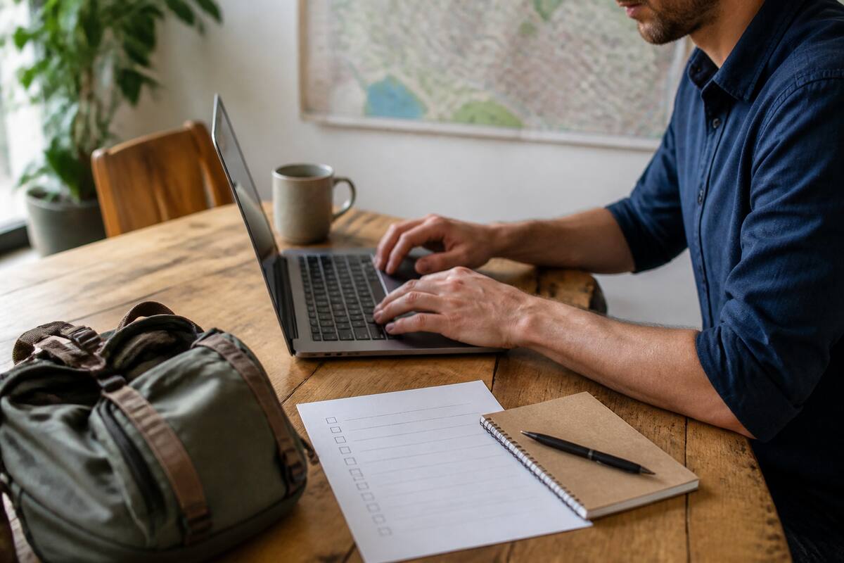 Reiziger die reizen en vakanties vergelijkt aan de keukentafel met laptop en checklist