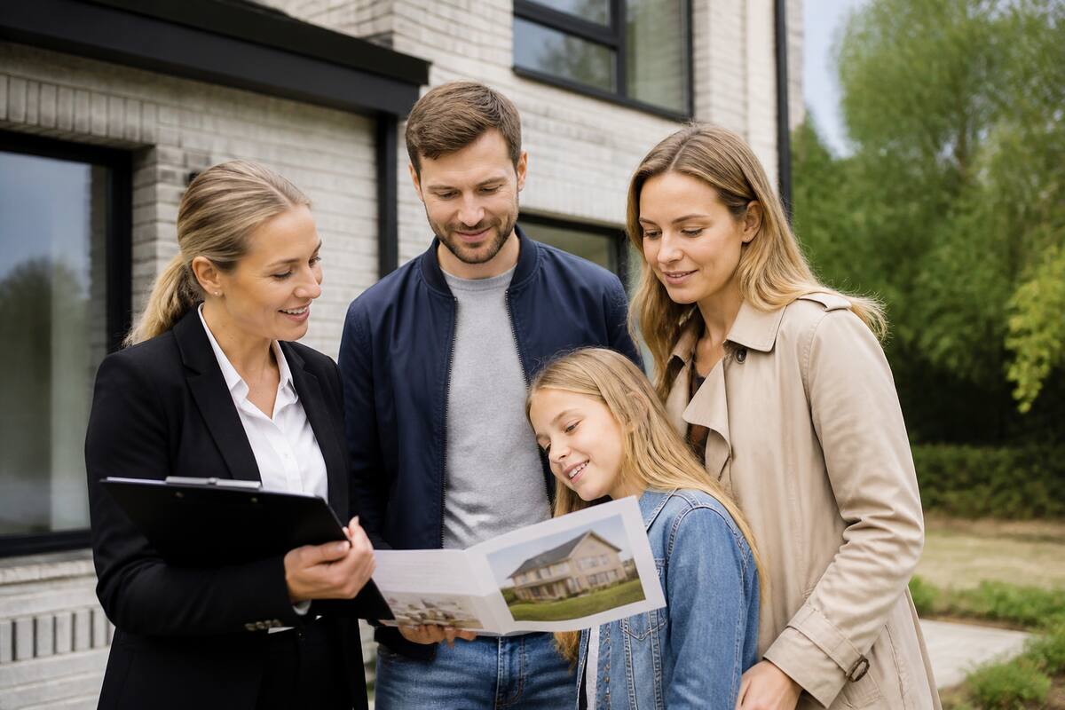 Een familie inspecteert een woning in Duitsland met een checklist tijdens een bezichtiging