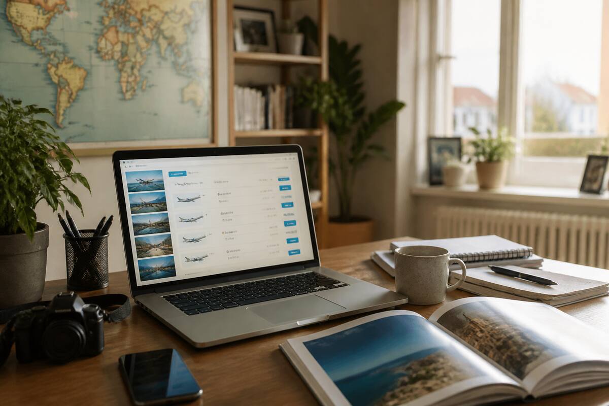 Reizen en vakanties vergelijken op een laptop met reisgids en notities