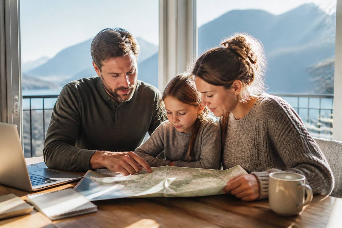 Gezin dat reistips en vakantie-opties vergelijkt op een laptop met reispapieren