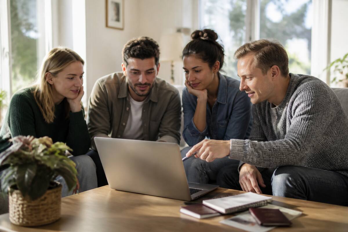 Mensen die op een laptop reizen en vakanties vergelijken met een notitieboekje erbij