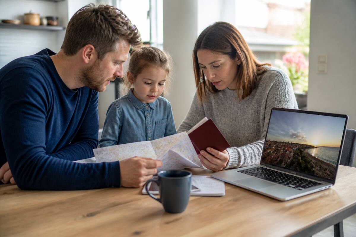 Gezin vergelijkt vakanties aan een keukentafel met laptop en reisdocumenten