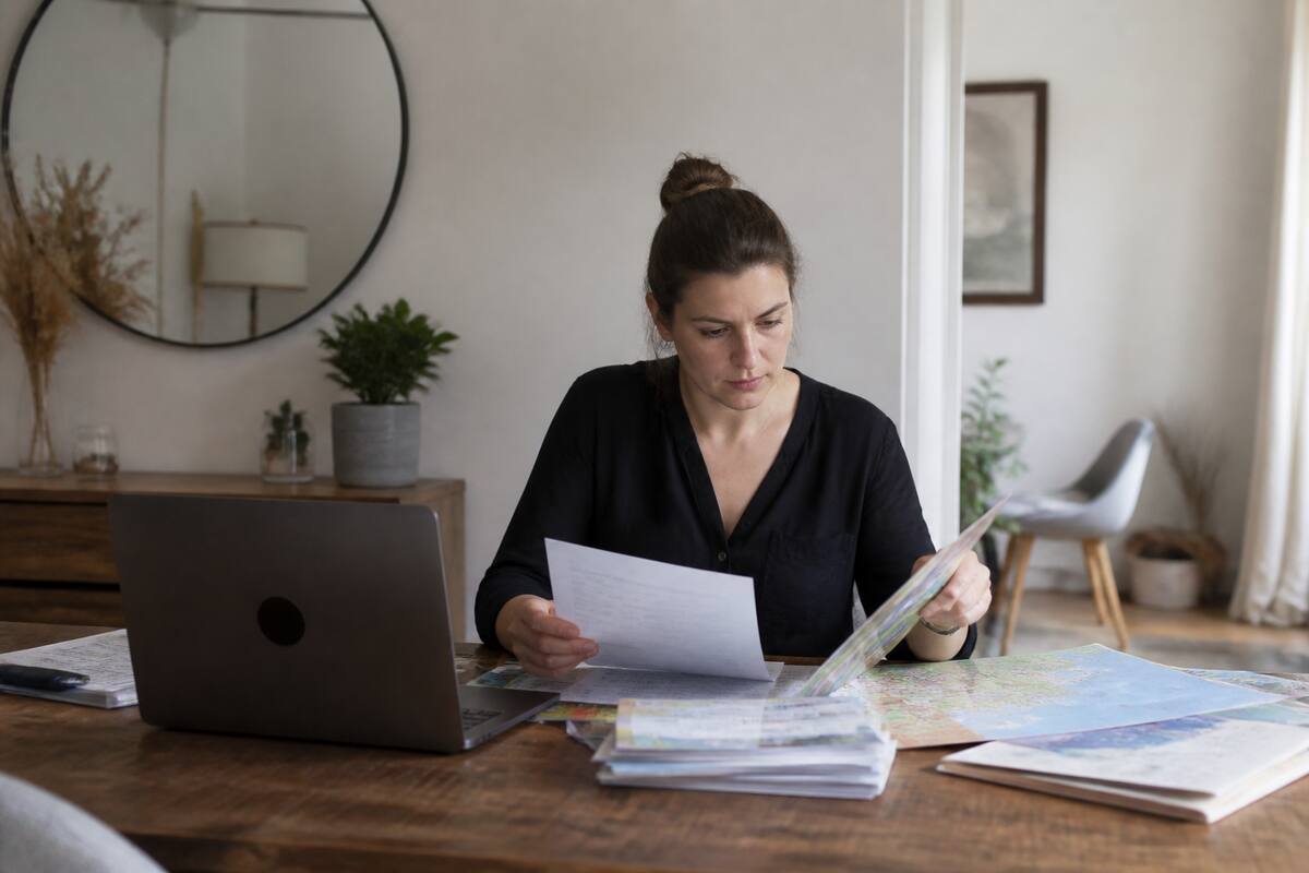 Iemand maakt een shortlist voor vakanties vergelijken aan een keukentafel met laptop en reisnotities