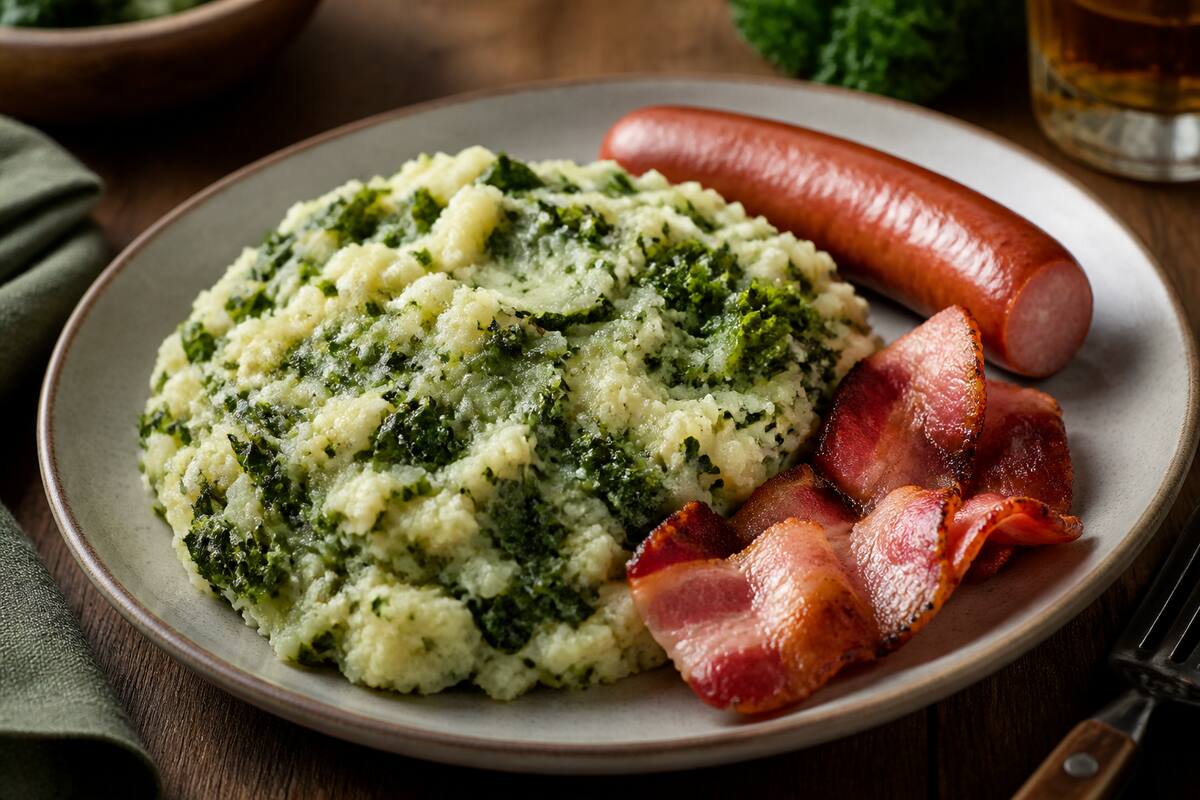 Stamppot in een warme, realistische presentatie op tafel met aardappelpuree en groenten