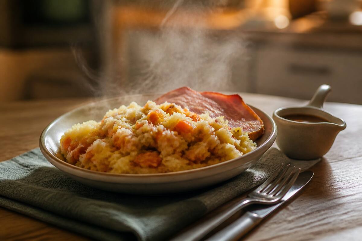 Hutspot met wortel en ui, warm geserveerd met spek en jus